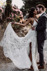 A-line V-neck Lace Straps Long Wedding Dresses, Bridal Dress